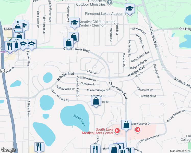 map of restaurants, bars, coffee shops, grocery stores, and more near North Ridge Boulevard in Clermont