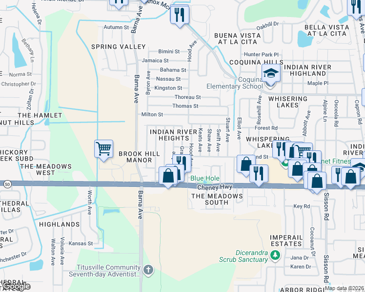 map of restaurants, bars, coffee shops, grocery stores, and more near 4510 Hood Avenue in Titusville