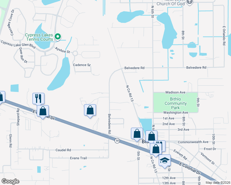 map of restaurants, bars, coffee shops, grocery stores, and more near 999 Belvedere Road in Orlando