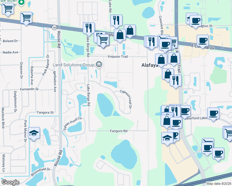 map of restaurants, bars, coffee shops, grocery stores, and more near 11164 Cypress Leaf Drive in Orlando