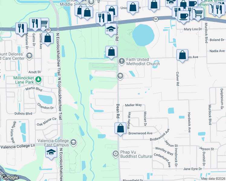 map of restaurants, bars, coffee shops, grocery stores, and more near 9931 Dean Acre Drive in Orlando