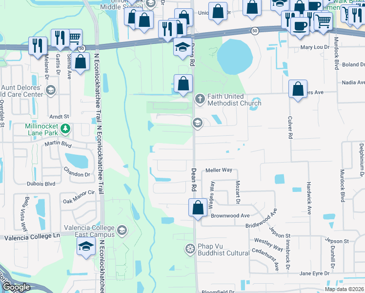 map of restaurants, bars, coffee shops, grocery stores, and more near 9931 Dean Acre Drive in Orlando