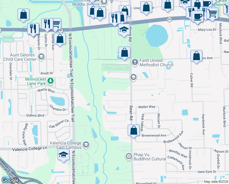 map of restaurants, bars, coffee shops, grocery stores, and more near 9811 Dean Acre Drive in Orlando