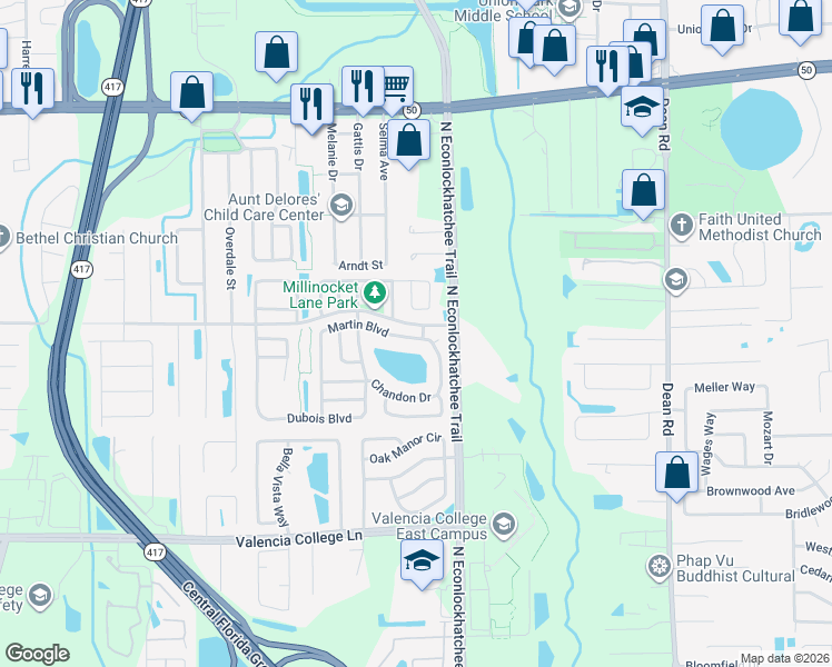 map of restaurants, bars, coffee shops, grocery stores, and more near 1253 Martin Boulevard in Orlando