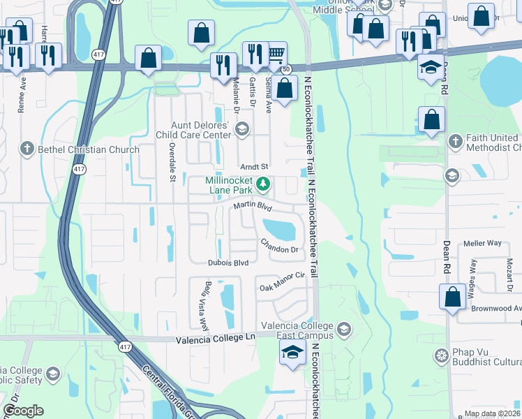 map of restaurants, bars, coffee shops, grocery stores, and more near 9529 Dubois Boulevard in Orlando