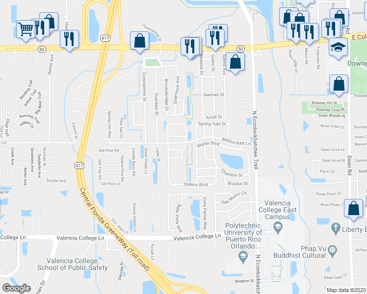 map of restaurants, bars, coffee shops, grocery stores, and more near 9237 Ventana Lane in Orlando