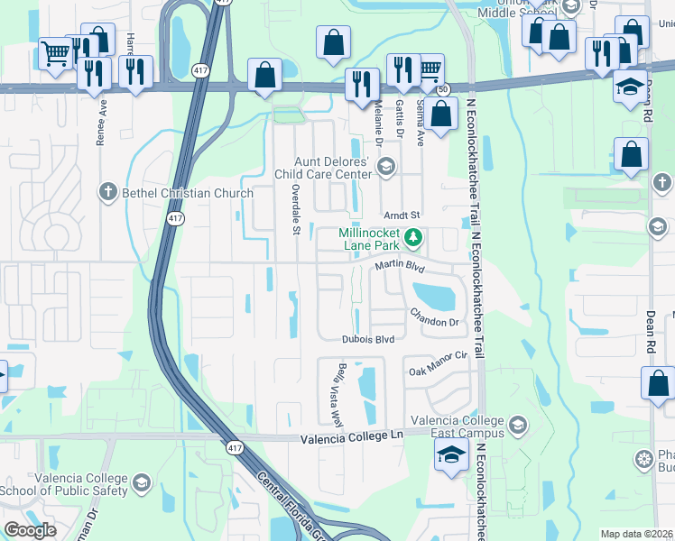 map of restaurants, bars, coffee shops, grocery stores, and more near 9237 Ventana Lane in Orlando