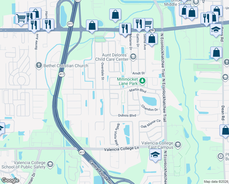 map of restaurants, bars, coffee shops, grocery stores, and more near 9237 Ventana Lane in Orlando