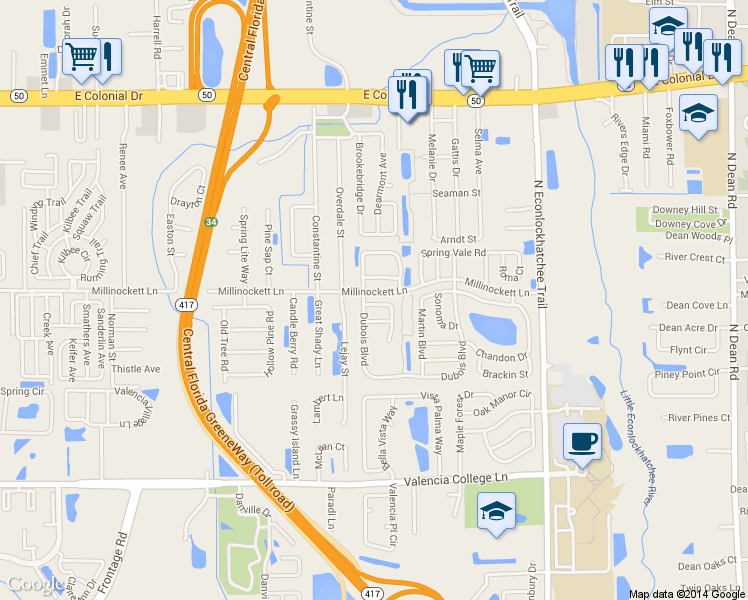 map of restaurants, bars, coffee shops, grocery stores, and more near 9237 Ventana Lane in Orlando