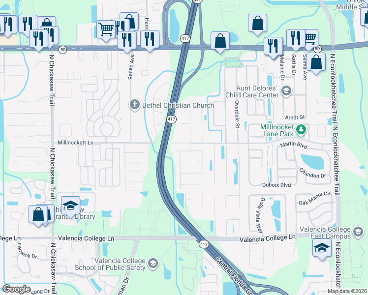 map of restaurants, bars, coffee shops, grocery stores, and more near 1014 Old Tree Road in Orlando