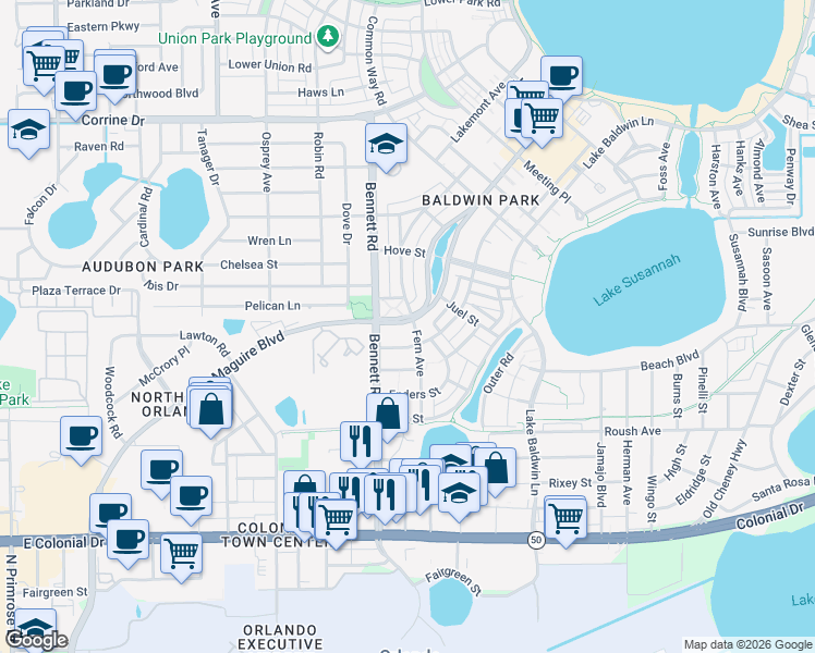 map of restaurants, bars, coffee shops, grocery stores, and more near 4237 Anson Lane in Orlando