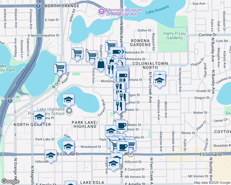map of restaurants, bars, coffee shops, grocery stores, and more near 912 Oregon Street in Orlando