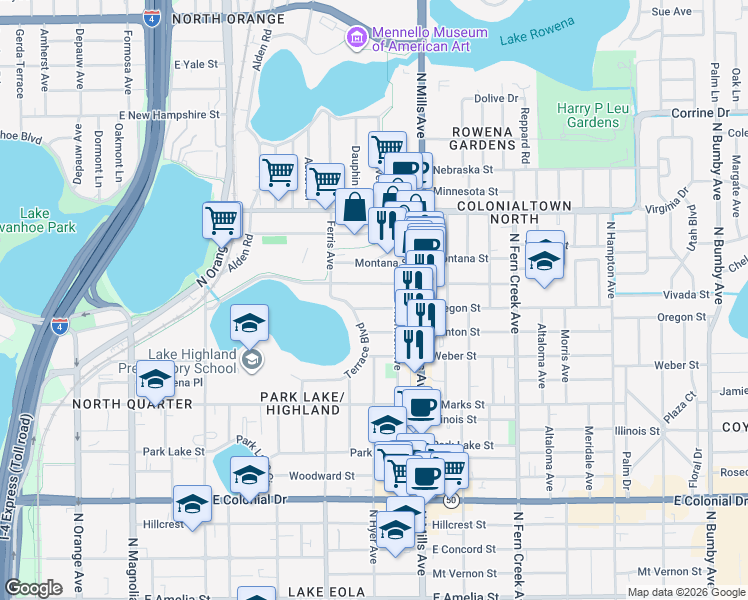 map of restaurants, bars, coffee shops, grocery stores, and more near 912 Oregon Street in Orlando