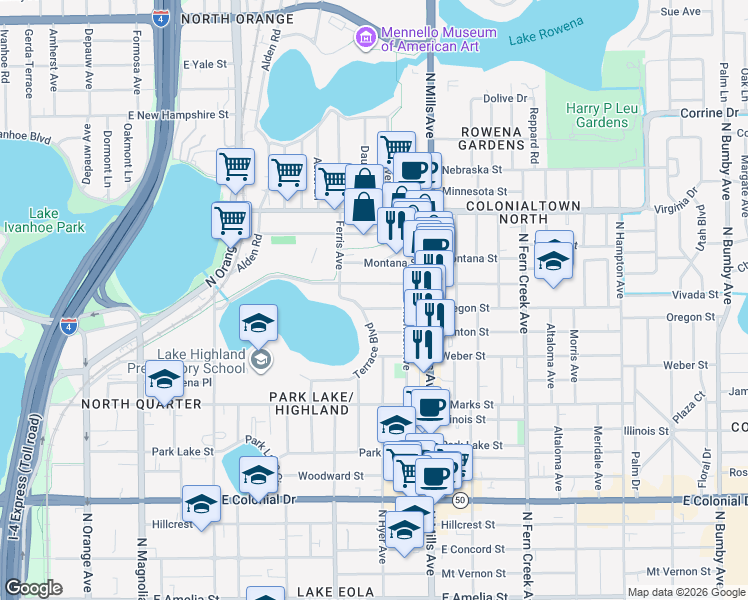 map of restaurants, bars, coffee shops, grocery stores, and more near 1036 Terrace Boulevard in Orlando