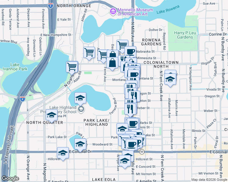map of restaurants, bars, coffee shops, grocery stores, and more near 1036 Terrace Boulevard in Orlando