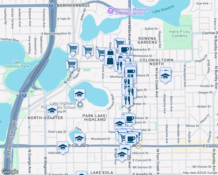 map of restaurants, bars, coffee shops, grocery stores, and more near 1036 Terrace Boulevard in Orlando