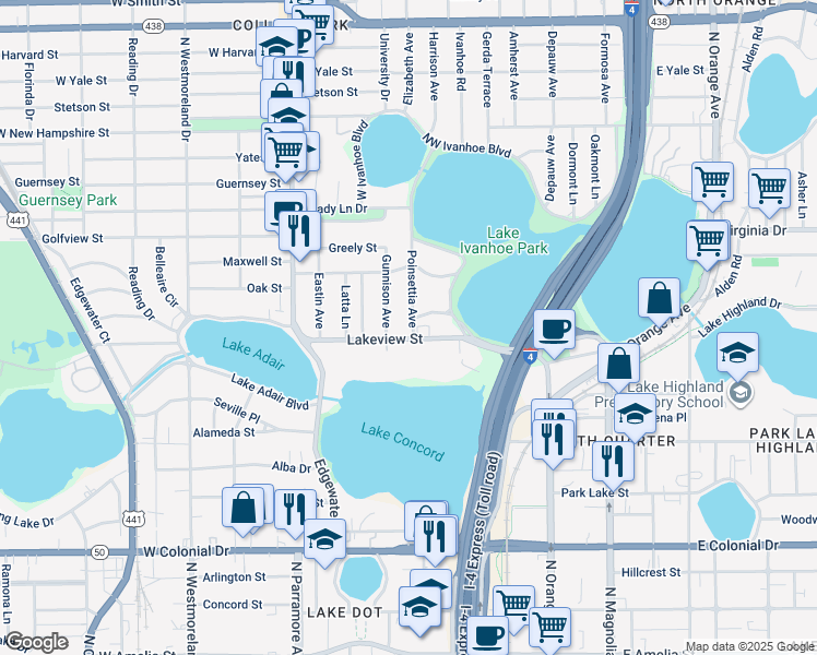 map of restaurants, bars, coffee shops, grocery stores, and more near 500 Lakeview Street in Orlando