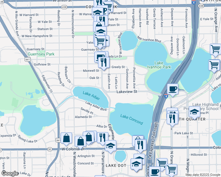 map of restaurants, bars, coffee shops, grocery stores, and more near 1069 Edgewater Drive in Orlando