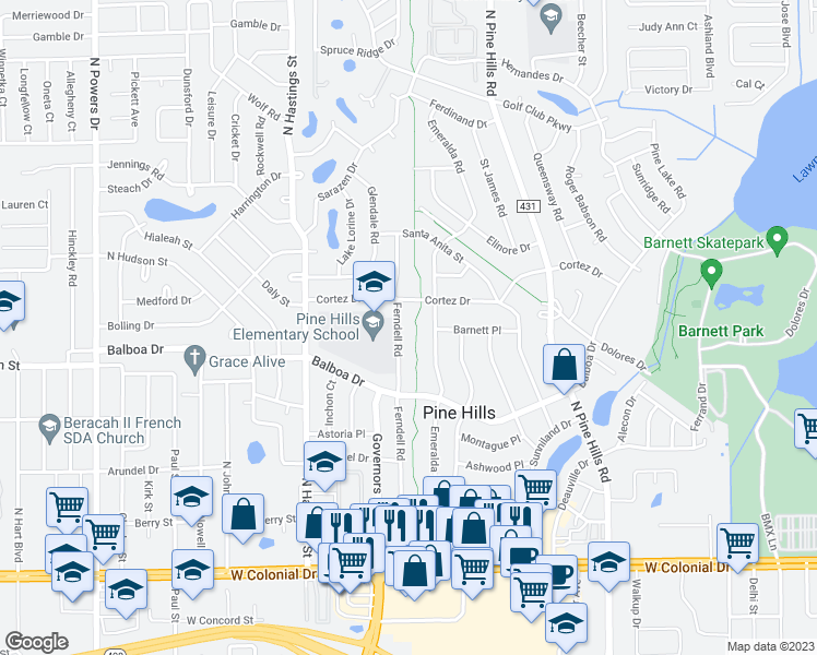 map of restaurants, bars, coffee shops, grocery stores, and more near 1006 Ferndell Road in Orlando