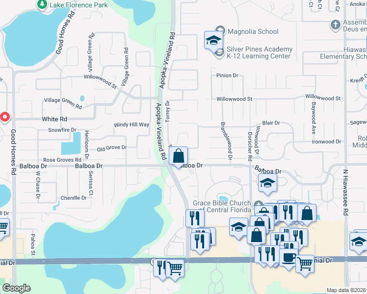 map of restaurants, bars, coffee shops, grocery stores, and more near 1714 Torrey Drive in Orlando