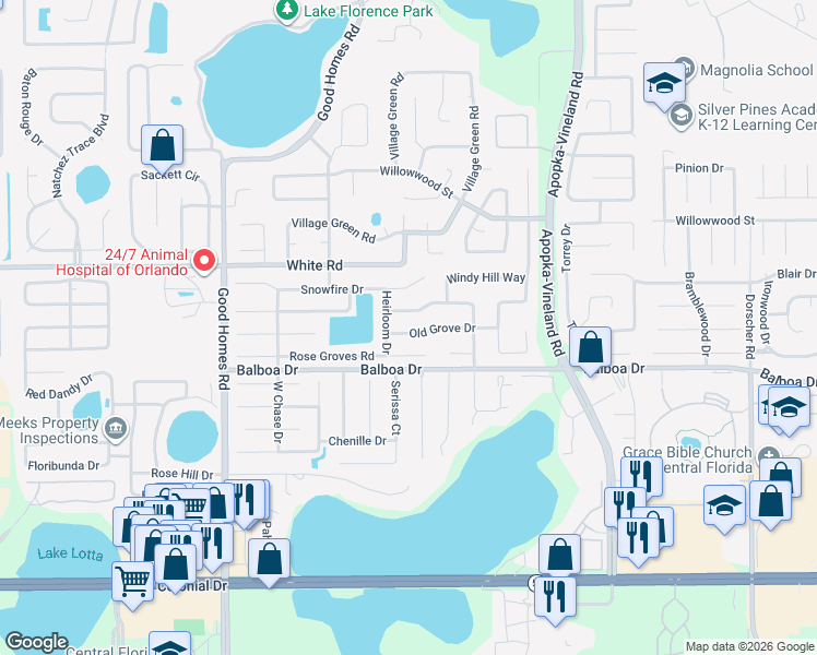 map of restaurants, bars, coffee shops, grocery stores, and more near 8227 Rose Groves Road in Orlando