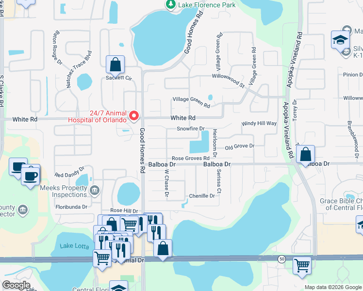 map of restaurants, bars, coffee shops, grocery stores, and more near 8405 Rose Groves Road in Orlando