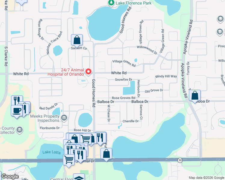 map of restaurants, bars, coffee shops, grocery stores, and more near 8441 Rose Groves Road in Orlando