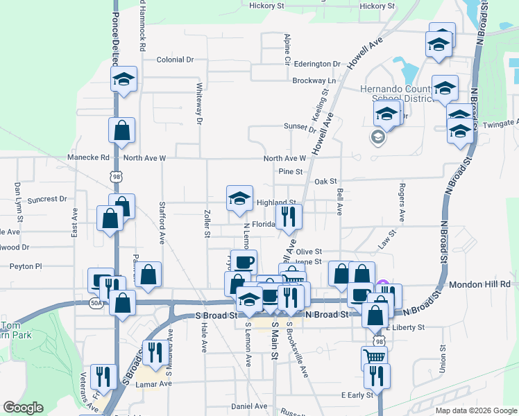 map of restaurants, bars, coffee shops, grocery stores, and more near 461 Grelle Avenue in Brooksville