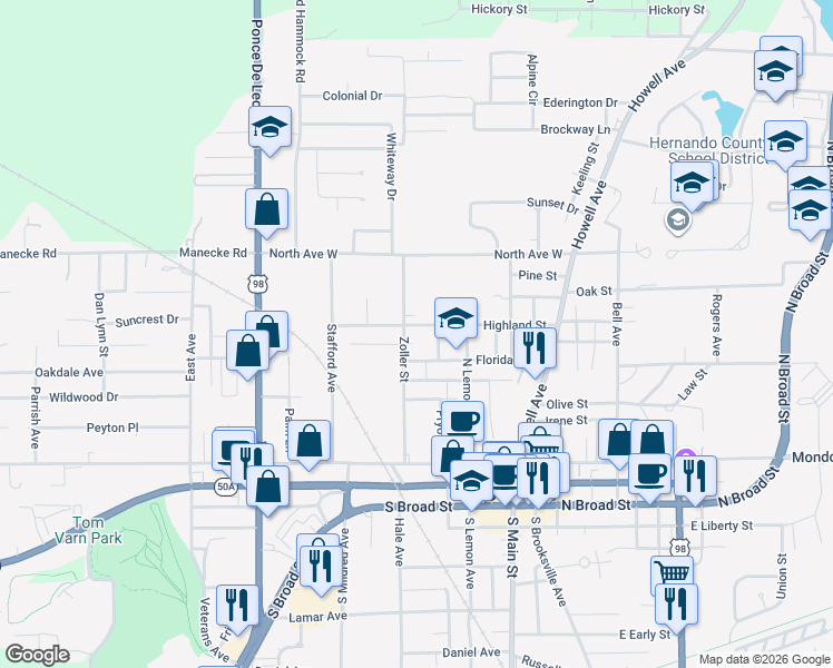 map of restaurants, bars, coffee shops, grocery stores, and more near 317 Highland Street in Brooksville