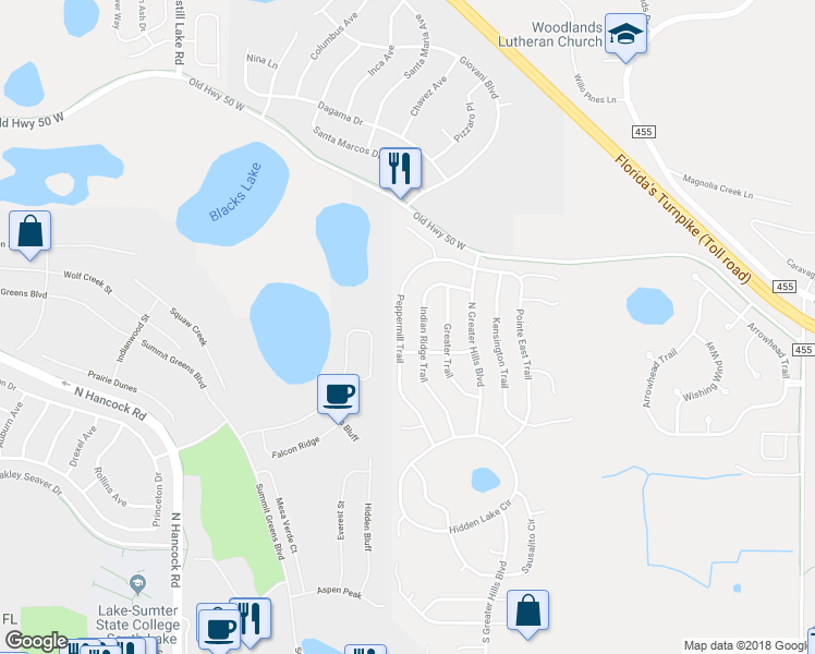 map of restaurants, bars, coffee shops, grocery stores, and more near 14544 Peppermill Trail in Clermont
