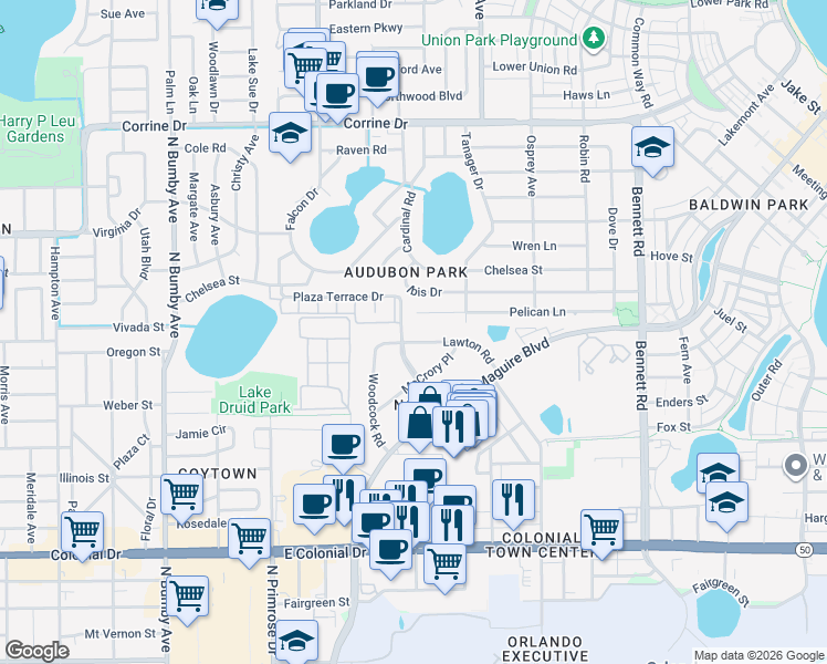 map of restaurants, bars, coffee shops, grocery stores, and more near 3438 Lawton Road in Orlando