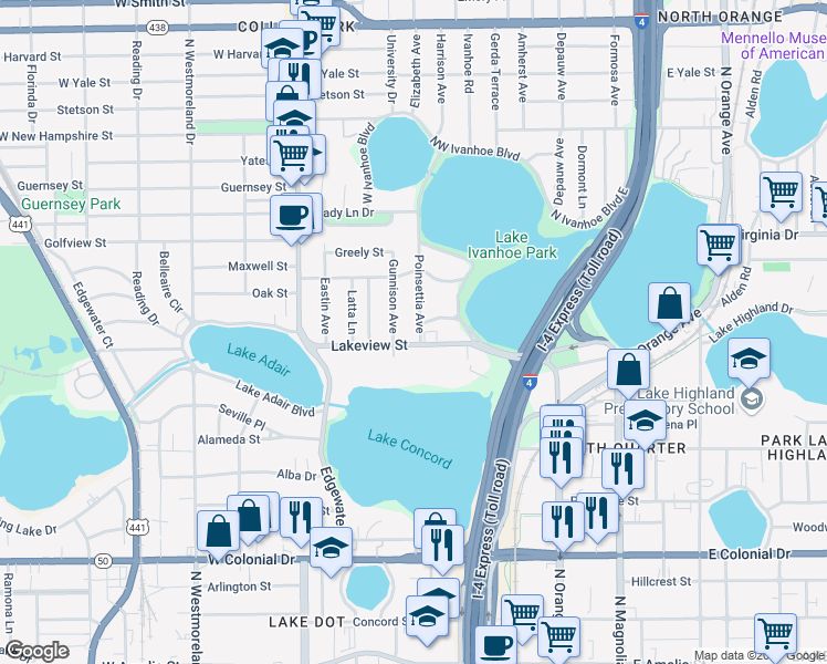map of restaurants, bars, coffee shops, grocery stores, and more near 1110 Poinsettia Avenue in Orlando