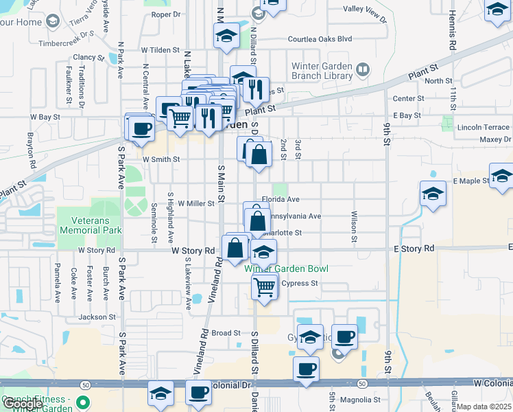 map of restaurants, bars, coffee shops, grocery stores, and more near 249 South Dillard Street in Winter Garden