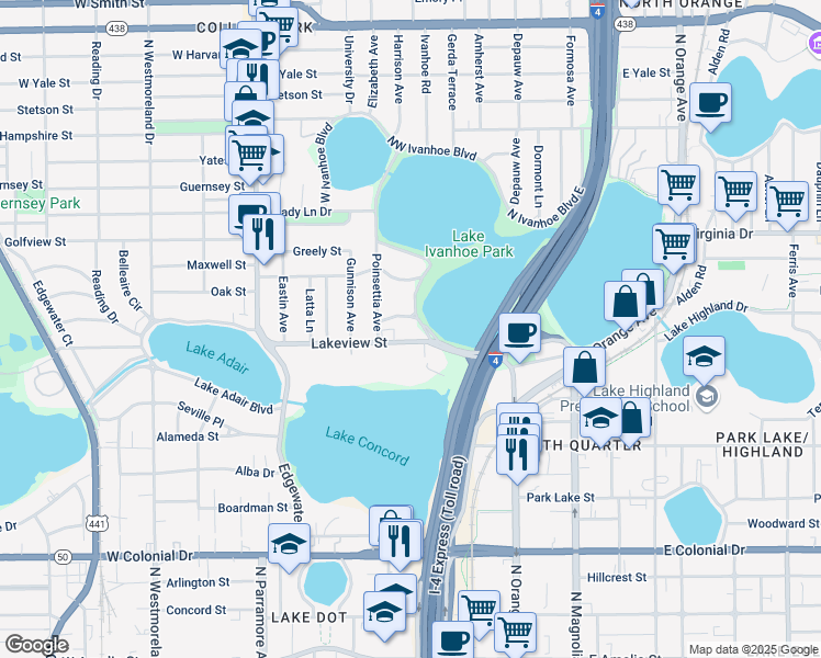 map of restaurants, bars, coffee shops, grocery stores, and more near 315 Desoto Circle in Orlando