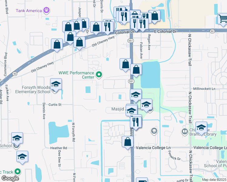 map of restaurants, bars, coffee shops, grocery stores, and more near 1201 Club Goldenrod Lane in Orlando