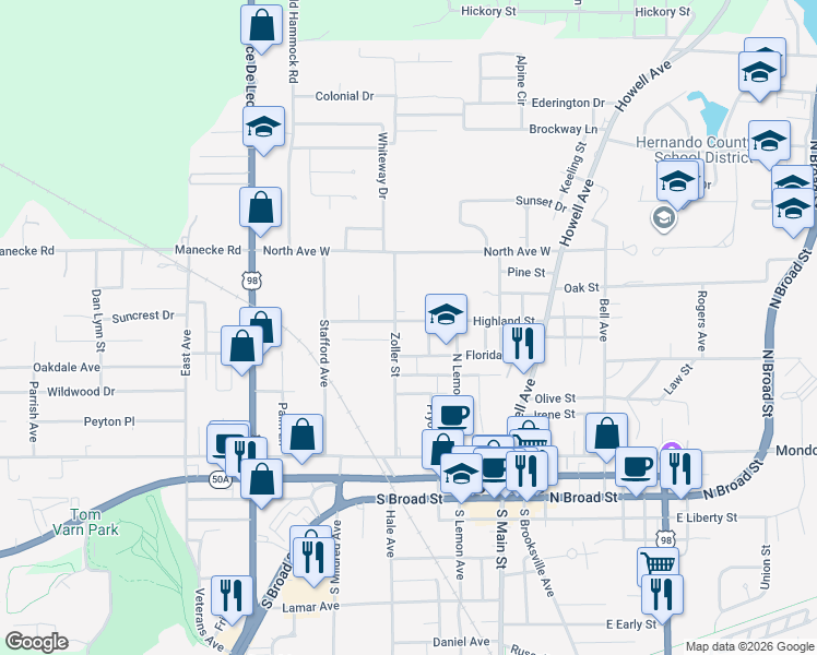 map of restaurants, bars, coffee shops, grocery stores, and more near 317 Highland Street in Brooksville