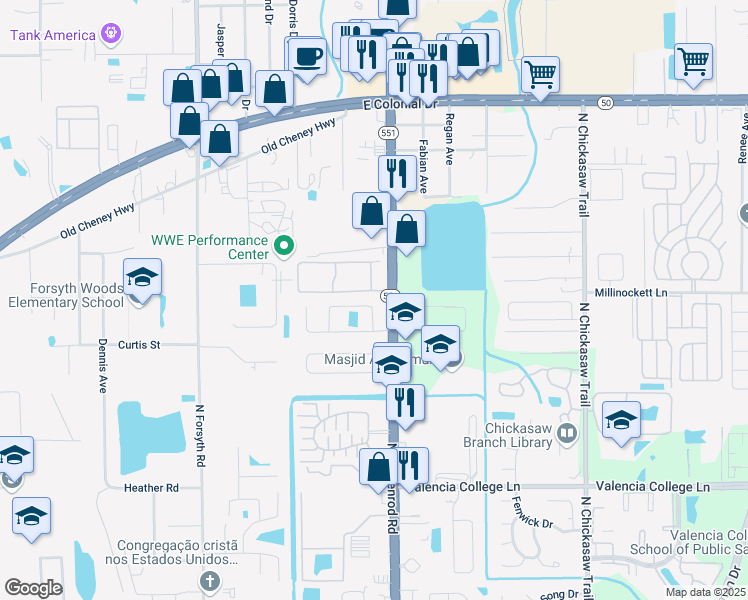 map of restaurants, bars, coffee shops, grocery stores, and more near 1229 Rich Moor Circle in Orlando