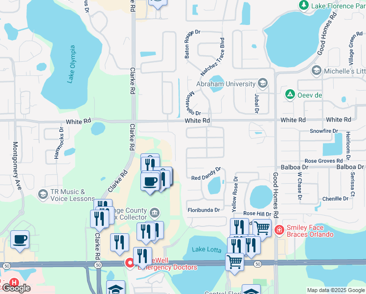 map of restaurants, bars, coffee shops, grocery stores, and more near 1142 Red Dandy Drive in Orlando