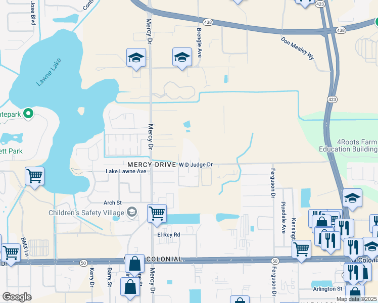 map of restaurants, bars, coffee shops, grocery stores, and more near 3933 Wd Judge Drive in Orlando