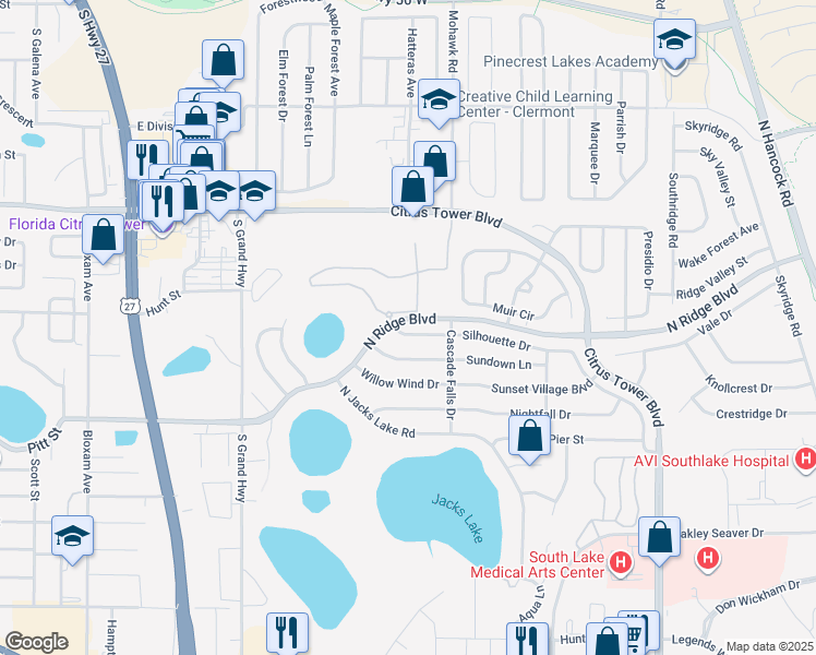 map of restaurants, bars, coffee shops, grocery stores, and more near 1290 North Ridge Boulevard in Clermont