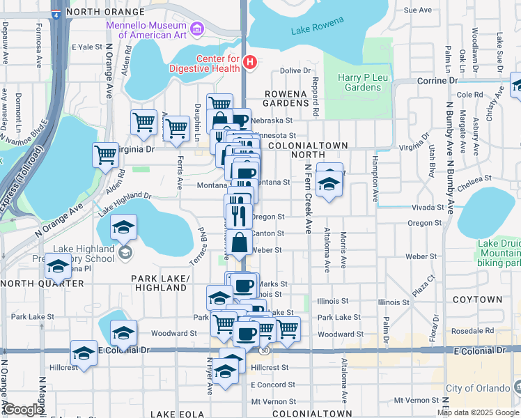 map of restaurants, bars, coffee shops, grocery stores, and more near 1201 Portland Avenue in Orlando