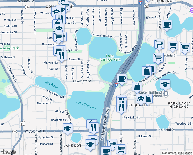 map of restaurants, bars, coffee shops, grocery stores, and more near 315 Desoto Circle in Orlando
