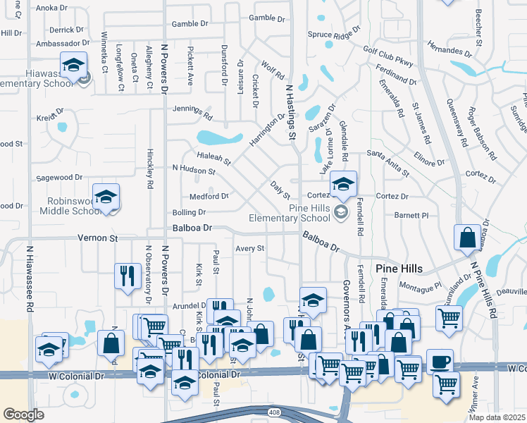 map of restaurants, bars, coffee shops, grocery stores, and more near 1541 North Hudson Street in Orlando