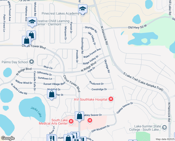 map of restaurants, bars, coffee shops, grocery stores, and more near 1840 Vale Drive in Clermont
