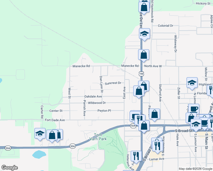 map of restaurants, bars, coffee shops, grocery stores, and more near 20069 Suncrest Drive in Brooksville