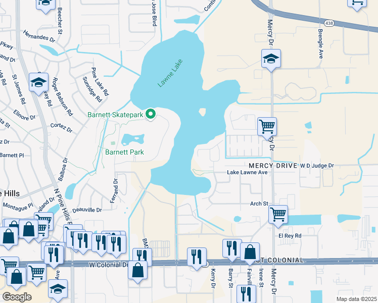 map of restaurants, bars, coffee shops, grocery stores, and more near 4711 Dutton Drive in Orlando