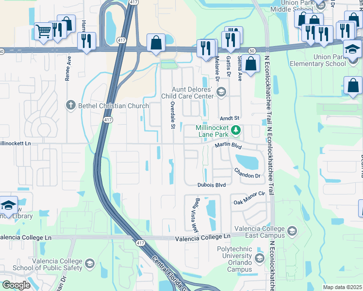 map of restaurants, bars, coffee shops, grocery stores, and more near 1210 Holly Springs Circle in Orlando