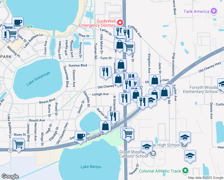 map of restaurants, bars, coffee shops, grocery stores, and more near 1205 Moselle Avenue in Orlando