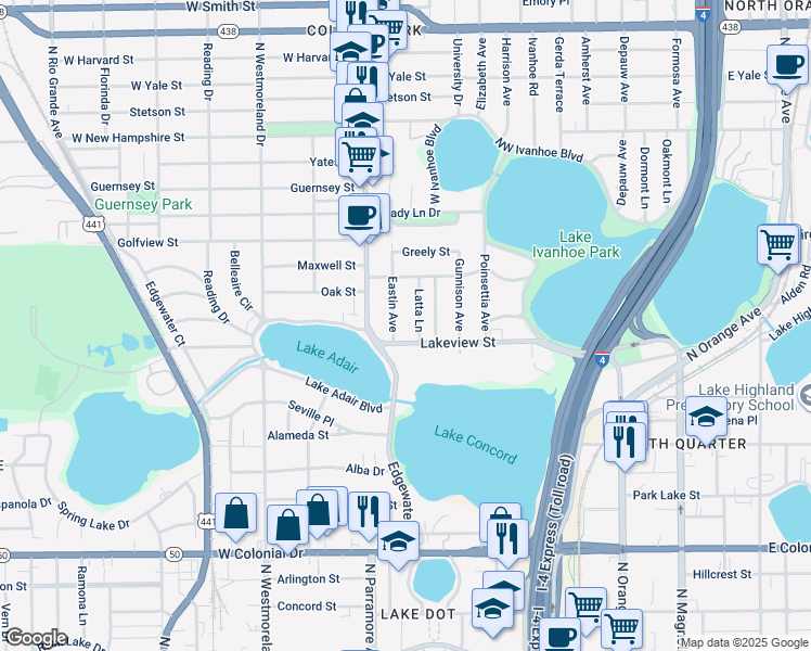 map of restaurants, bars, coffee shops, grocery stores, and more near 1210 Eastin Avenue in Orlando