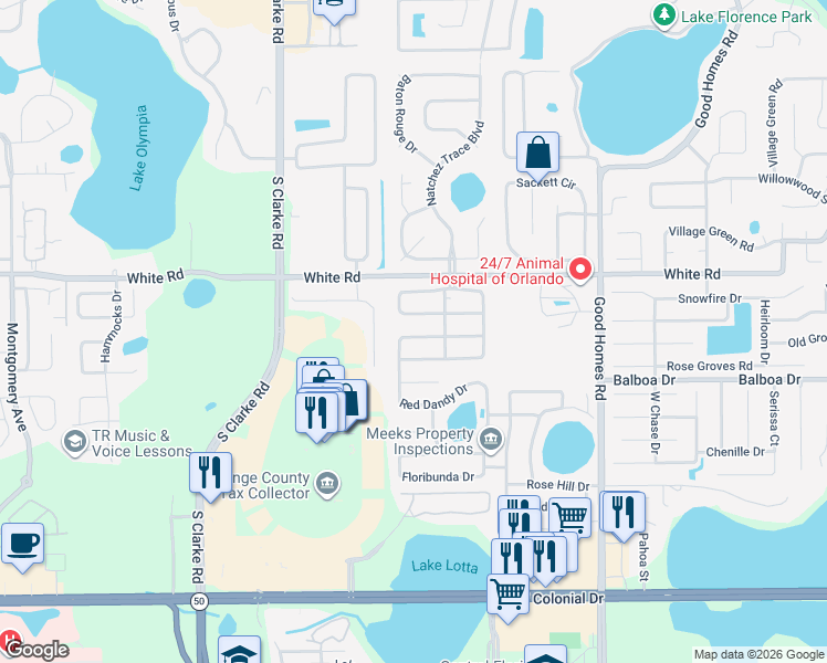 map of restaurants, bars, coffee shops, grocery stores, and more near 9106 Pristine Circle in Orlando